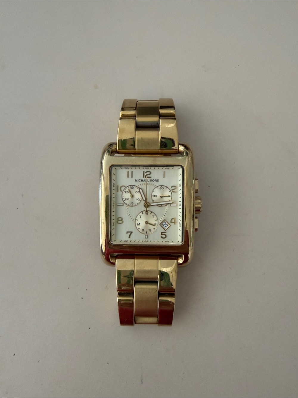 Michael Kors Gold and White Rectangular Chronograph Watch